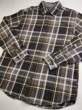 Eddie Bauer Mens L Large Flannel Shirt Black Gray Yellow Plaid Cotton Button Up